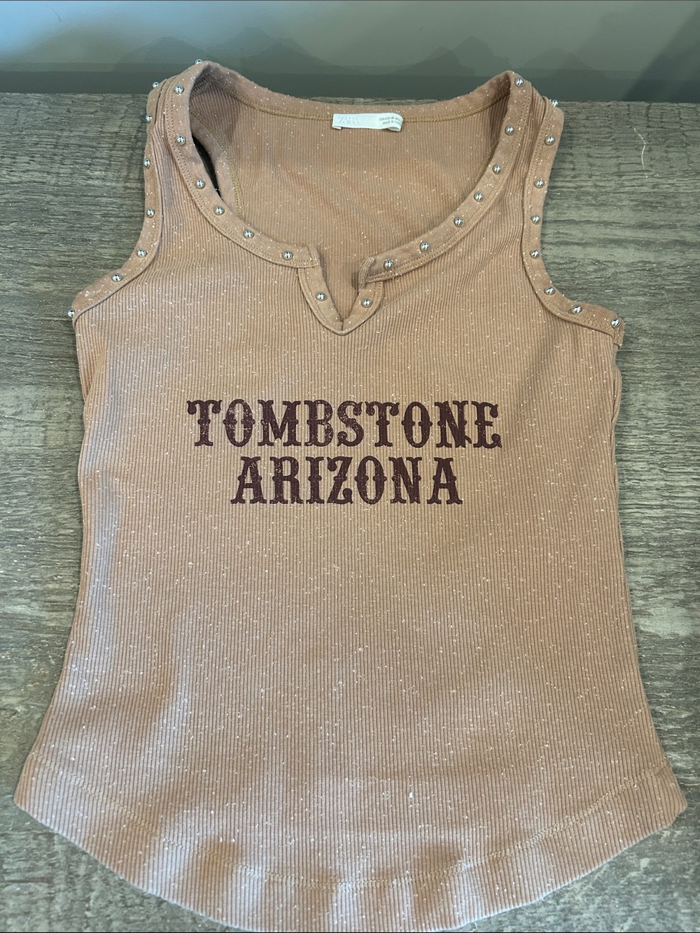 Zara Tombstone Arizona Stud-Trim Sleeveless Top - Tan
